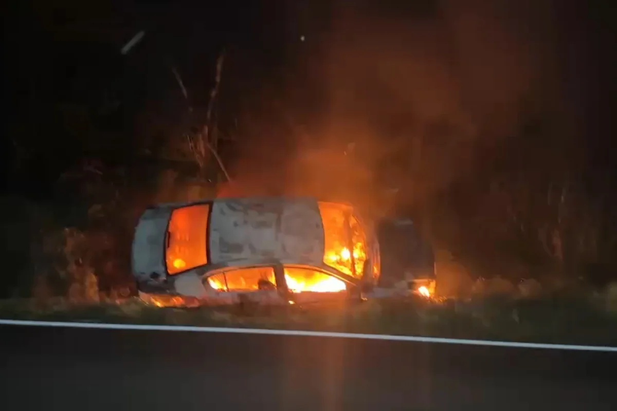 Veículo pega fogo após sair da pista e colidir com barranco na BR-163, no Paraná
