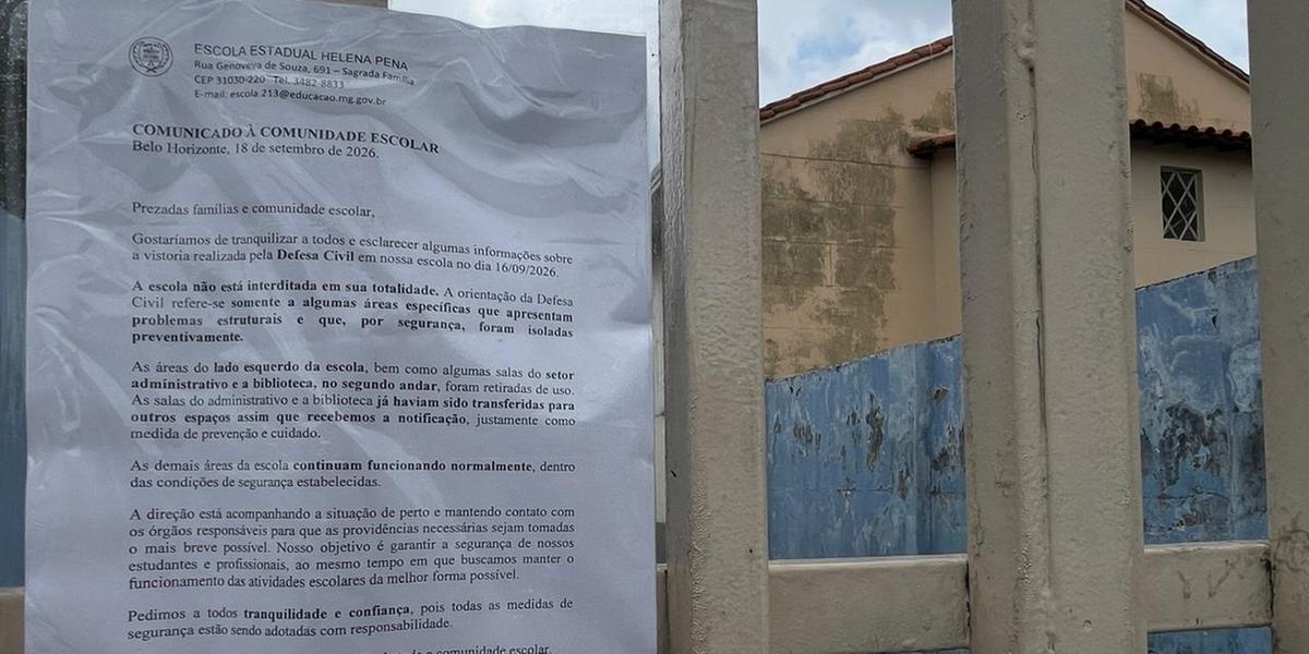 Parte do prédio da Escola Estadual Helena Pena, em Belo Horizonte, é interditada após identificação de problemas estruturais