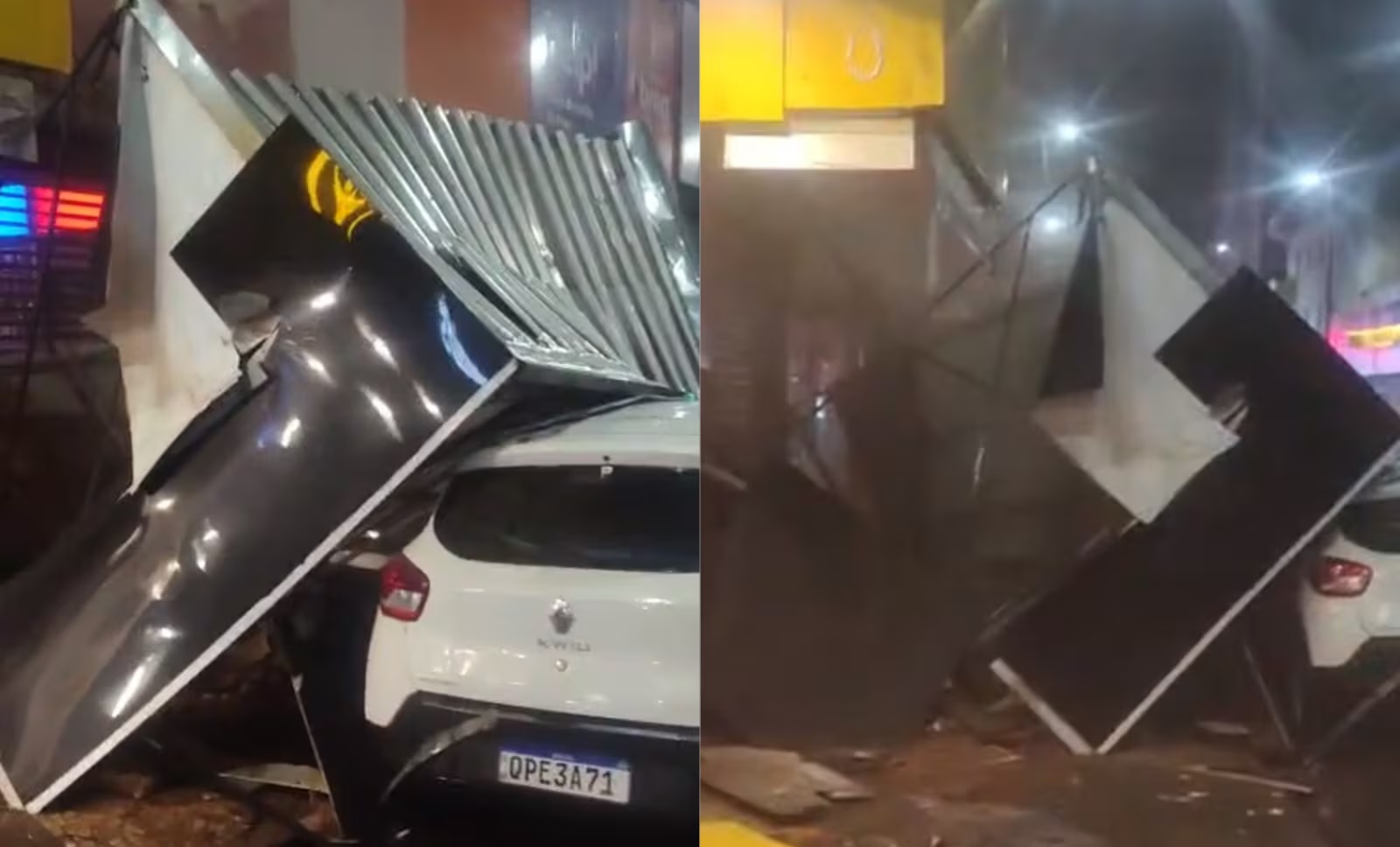 Marquise de loja desaba sobre dois carros estacionados no Centro de Uberlândia