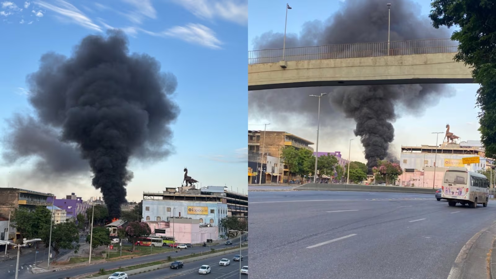 Ônibus do Move pega fogo na Avenida Oiapoque, no Centro de Belo Horizonte, e chama atenção por fumaça escura