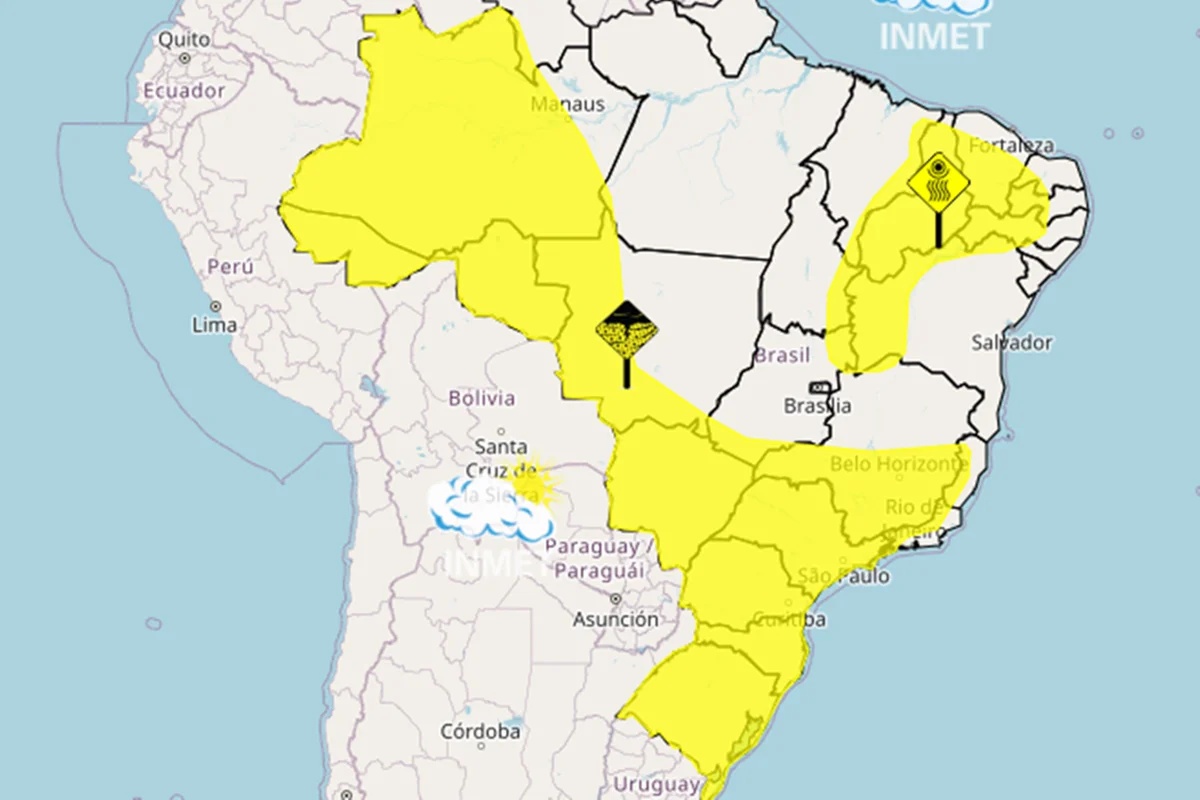 Instituto Nacional de Meteorologia emite alerta amarelo para 15 estados devido a risco de tempestades e ventos intensos